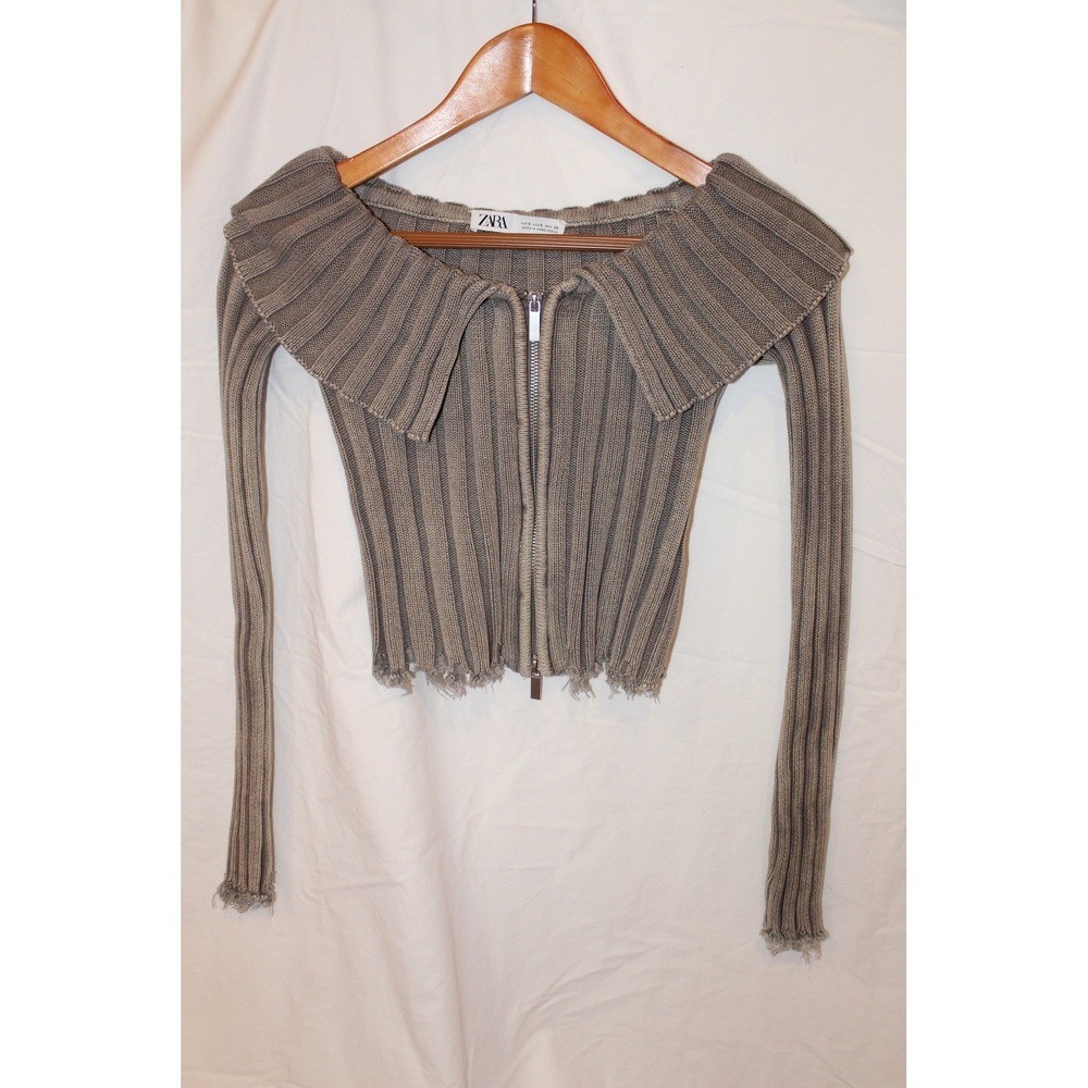 Zara Ribbed Knit Zip Up Cardigan Sweater Faded Taupe Brown Distressed Crop Small